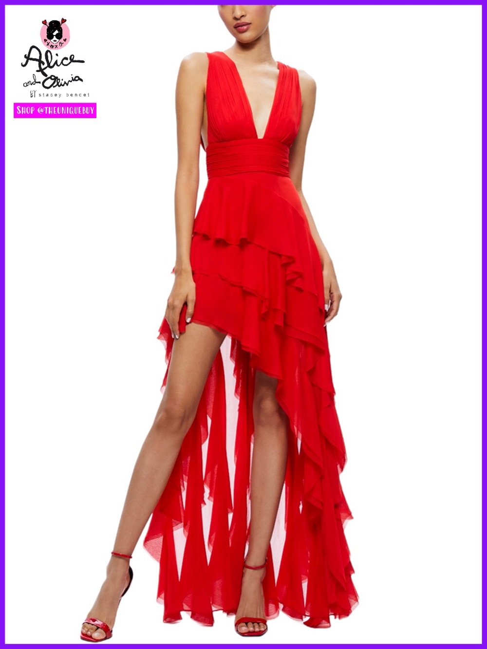 Alice + Olivia Holly Low Neck Asymmetric Ruffle Bright Ruby Red Maxi Dress